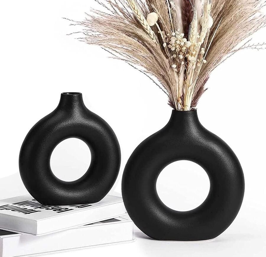 Moderne Zwarte Keramische Vaas voor Pampas Gras 2PCS Grote en Medium Donut Vazen Decoratie voor Tafel Boekenplank Haard Woonkamer Slaapkamer Kantoor Feest Cadeau