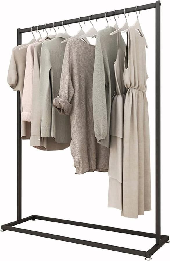 Moderne zwarte kledingrek voor slaapkamer en boetieks Metalen kledingrail met staande hangers (150 x 40 x 160 cm)