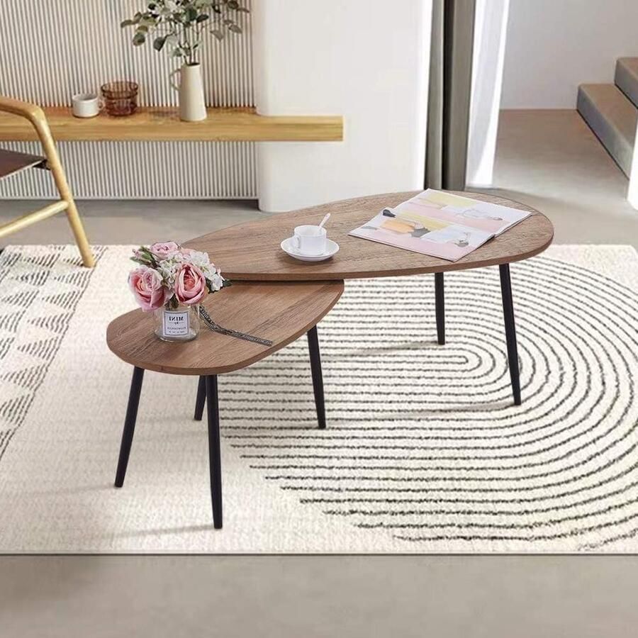 Moderne Zwarte Metalen Salontafel Set Nest van 2 Tafels Gouden Driehoek Design Walnoot Woonkamer