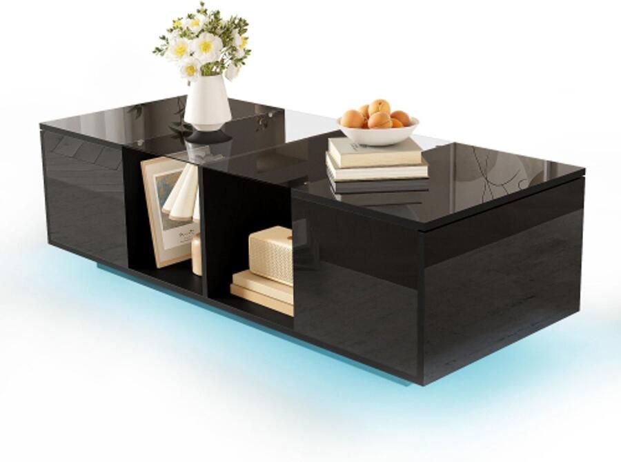 Moderne zwarte salontafel met ledverlichting hoogglans tafelblad 120 x 50 x 38 5 cm