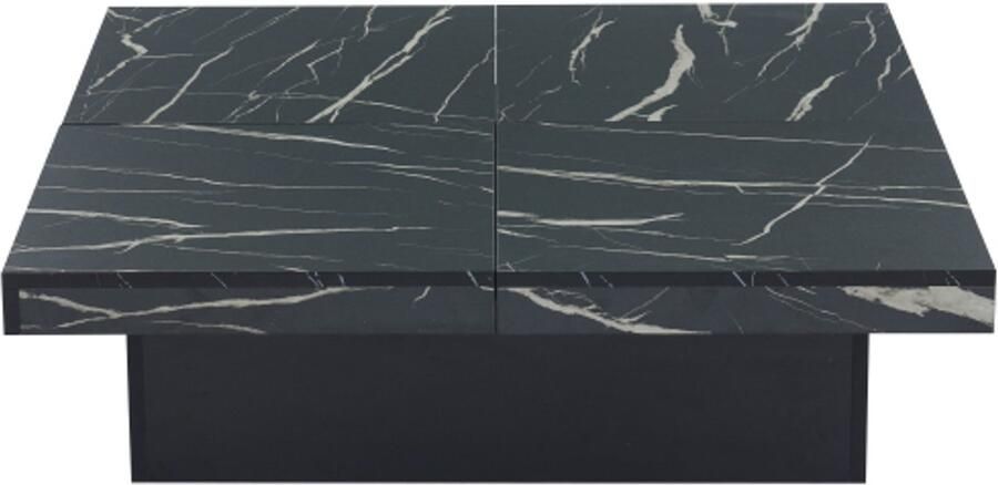 Moderne zwarte vierkante salontafel met marmerlook 90 x 90 x 25 cm – Vier laden uitschuifbaar tafelblad draagvermogen tot 30 kg
