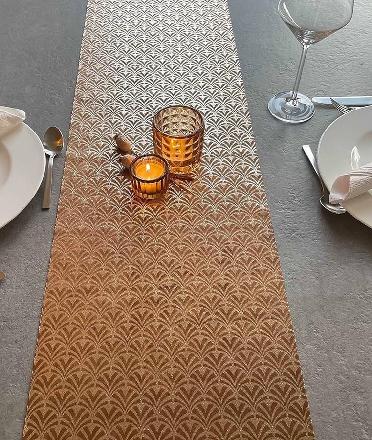 Modieuze tafelloper bruin fluweel met goudfolie 1 stuk 28 x 150 cm