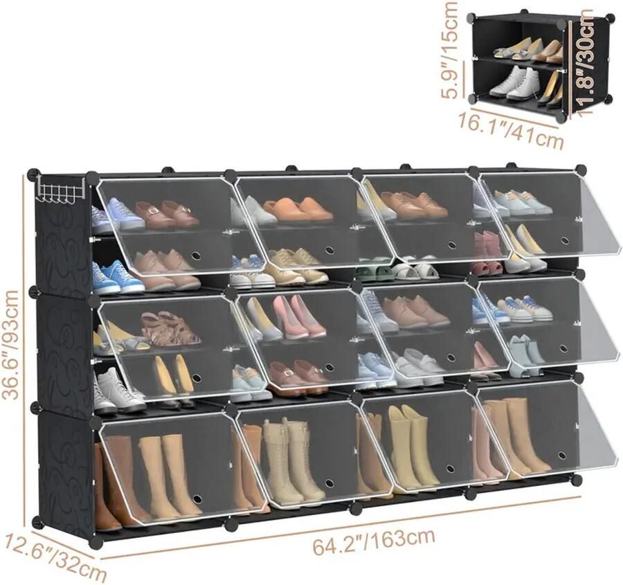 Modulair Schoenenrek met Deuren – DIY Schoenenkast Organizer – 4 Kolommen x 6 Lagen – Kunststof Schoenenopberger – Zwart Transparant – Multifunctioneel Opbergsysteem