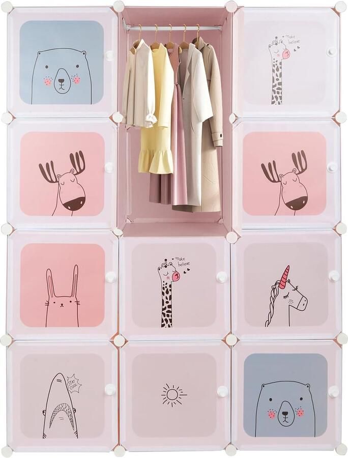 Modulaire kast draagbare opbergkast organizer voor kinderkleding opbergmeubel voor kinderen met diermotieven 110 x 145 x 37 cm (A-roze)