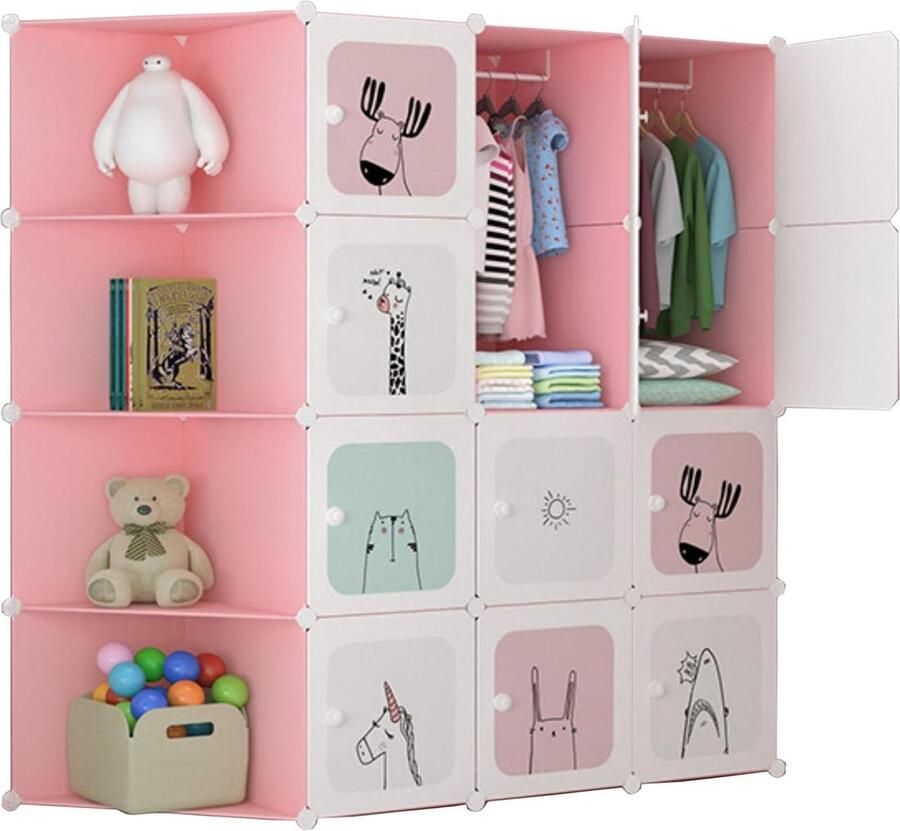 Modulaire Kledingkast Kinderen Rekken Kindergarderobe Organizer Opbergrek Thuis 16 modules 140x105 cm Roze Kledingkast