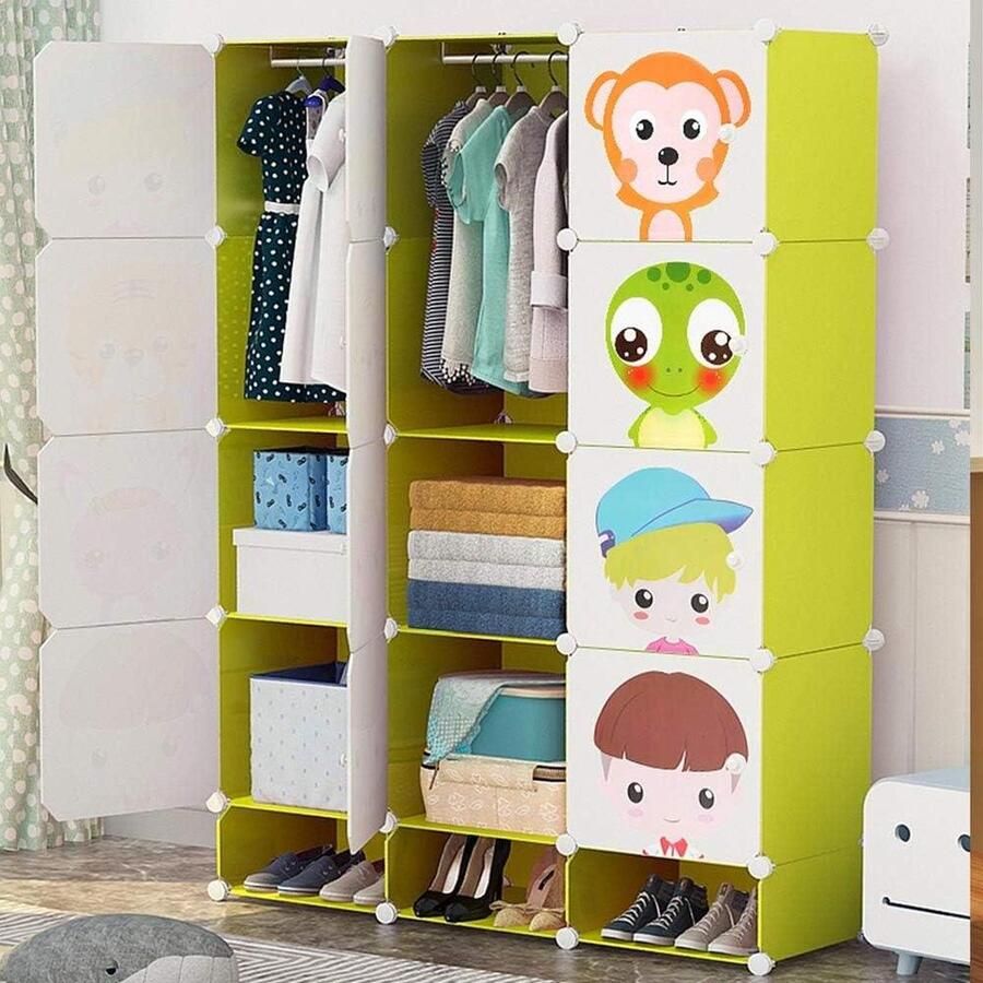 Modulaire kledingkast voor kinderkamer 15 kubussen met 2 deuren 8 planken en 3 vakken schoenenrek ruimtebesparend organizer kinderkamer ruimtebesparend Kledingkast - Foto 4