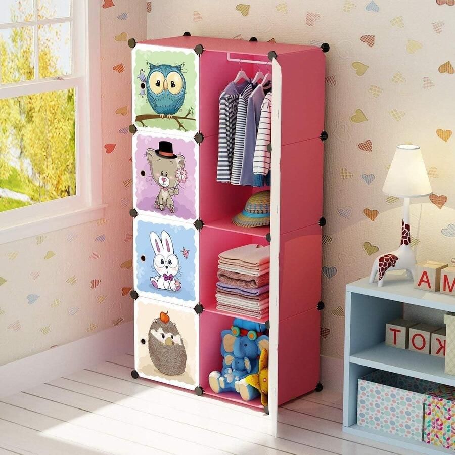 Modulaire Cartoon Kledingkast Robuust en Veilig Kinderen 6 Dobbelstenen Ophanggedeelte Roze 75 x 47 x 147 cm Kledingkast
