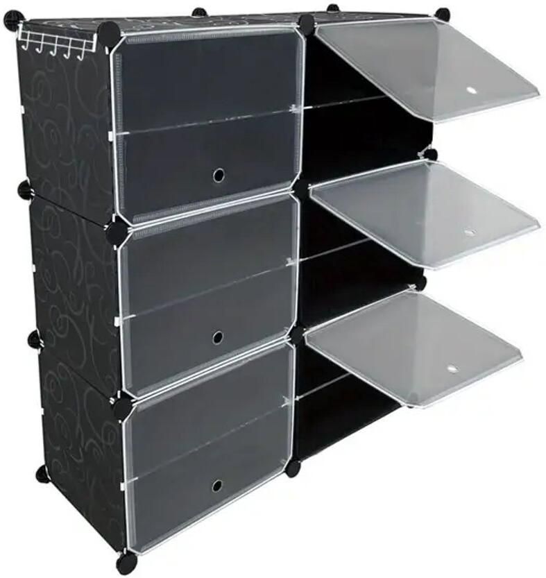 Modulaire Schoenenkast met Deuren – DIY Zwart Kunststof Schoenenrek – Multi-Compartiment Organizer voor Schoenen Kleding & Accessoires – Eenvoudige Montage