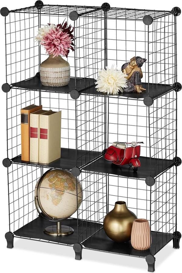 Modulaire vakkenkast met 6 vakken en kunststof hoesjes kubuskast 985x645x315 cm zwart