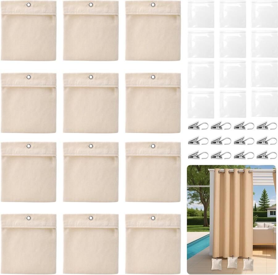 MOERDIFFER Set van 12 buitengordijngewichten gewichtstas voor buitengordijnen met metalen clips gordijngewichten voor buiten gordijngewichten voor buiten voor prieelgordijnen