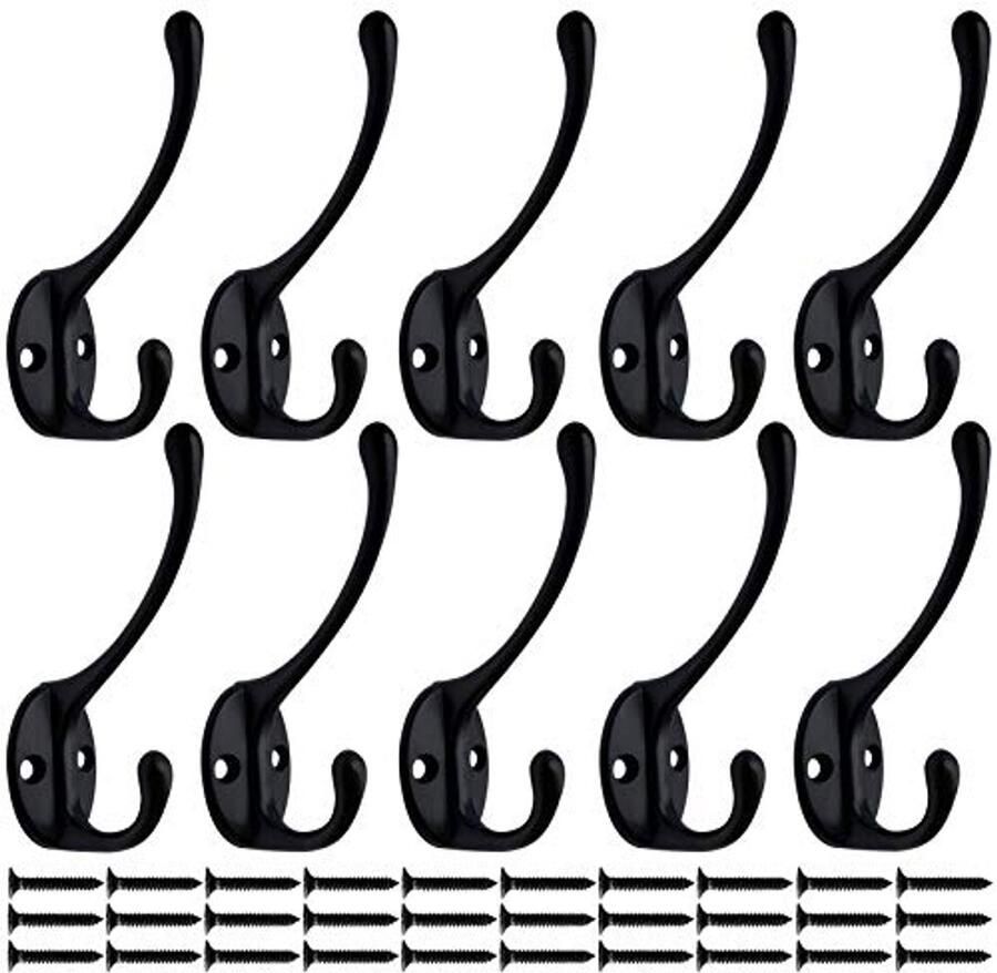 Mokife 10 stuks kapstokken mat zwart vintage dubbele metalen wandhaken retro voor jas mantel tas handdoek sleutel hoed beker