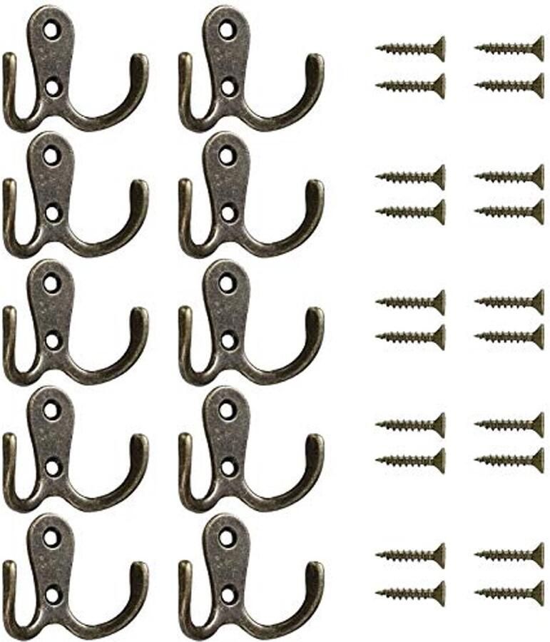 Mokife 10 stuks vintage bronzen kleine wandhaken retro dubbele kapstokken voor slaapkamer badkamer keuken kantoor
