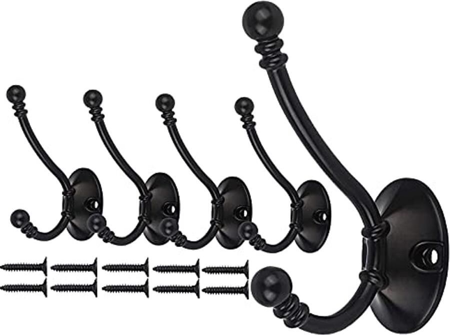 Mokife 5 stuks wandhaken vintage zwarte kapstokken dubbele retro grote haken metaal heavy duty voor deur muur hout kledingkast