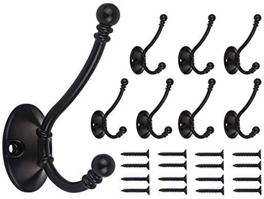Mokife 8 stuks vintage zwarte wandhaken retro dubbele kapstokhaken metaal heavy duty voor deur muur kledingkast