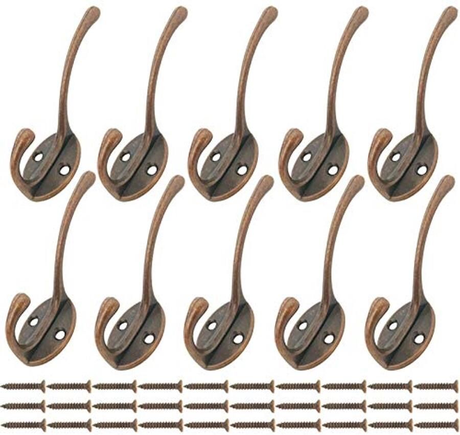 Mokife Kapstokken Vintage Koper 10 stuks Wandhaken Dubbele Haken Kapstokken Hoedenhaken met Schroeven voor Deur Muur Garderobe