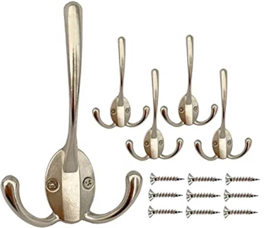 Mokife Pack van 5 vintage kapstokhaken zilveren drievoudige haken retro muurhaken heavy duty voor slaapkamer badkamer keuken kantoor