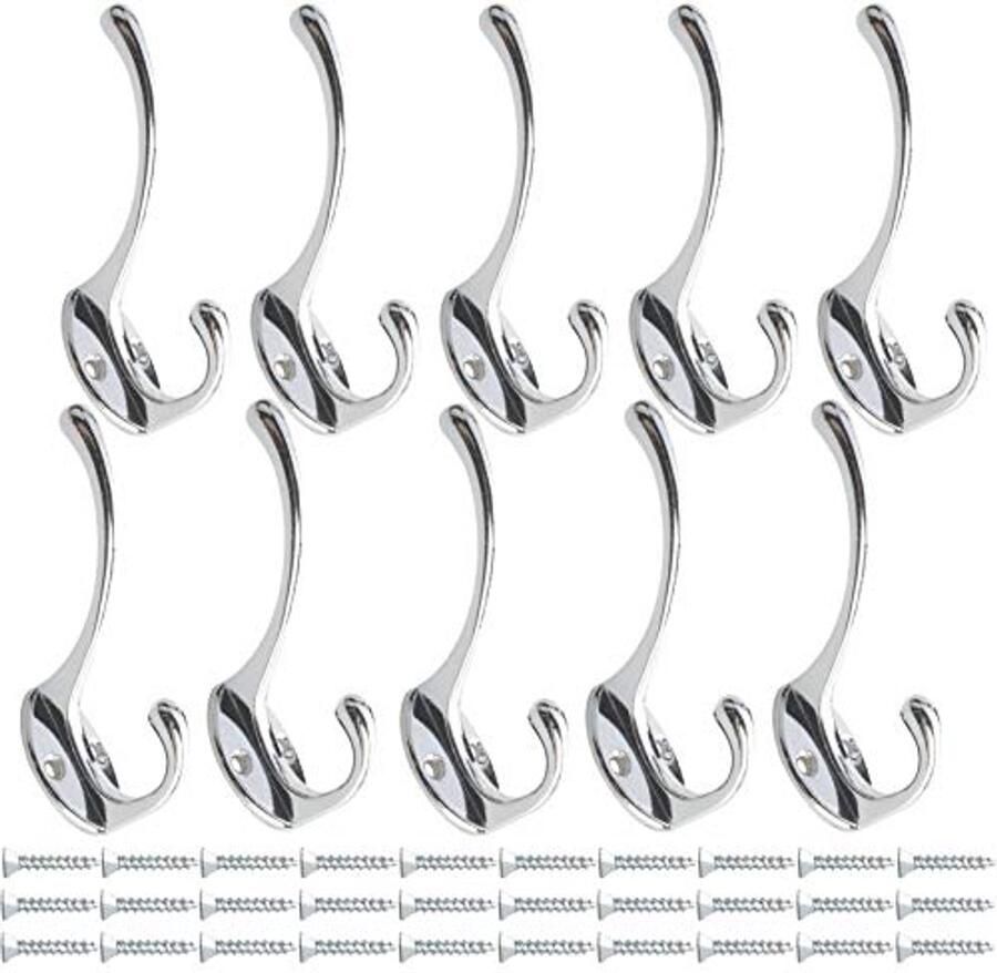 Mokife Set van 10 Vintage Kapstokken Zilver Retro Metaal Dubbele Kapstokken Muur voor Jas Robe Tas Handdoek Sleutel Hoed Cup