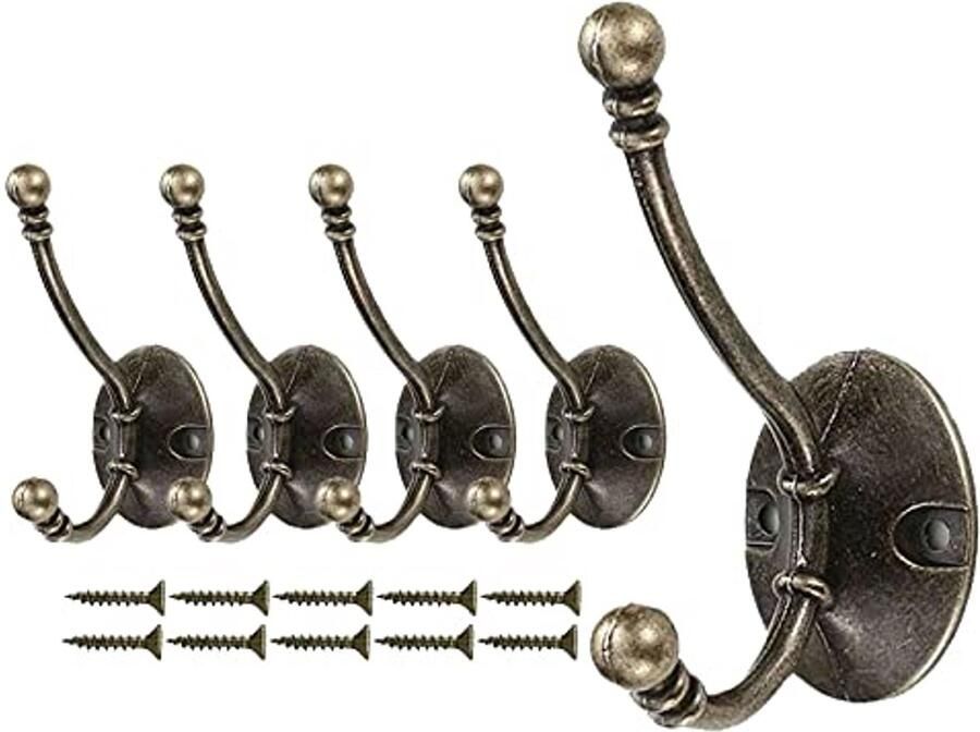 Mokife Set van 5 Vintage Bronzen Muurhaken Retro Dubbele Kapstokhaken Grote Heavy Duty voor Slaapkamer Badkamer Keuken Kantoor