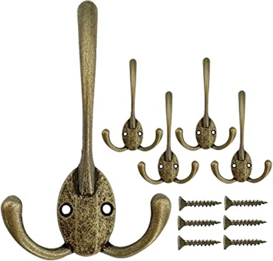 Mokife Set van 5 Wandhaken Vintage Brons Kledinghaken Drievoudige Haken Antieke Metalen Haken Heavy Duty voor Deur Muur Garderobe