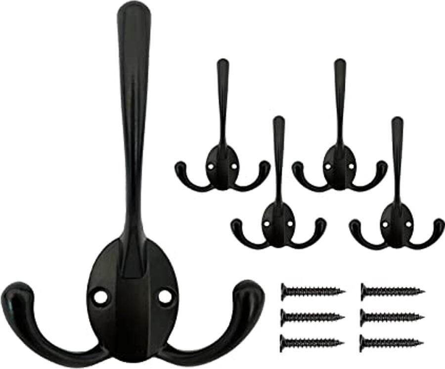 Mokife Set van 5 zwarte kapstokken vintage muurhaken drievoudige haken zware kapstokken voor jas hoed sleutels tas badjas handdoek