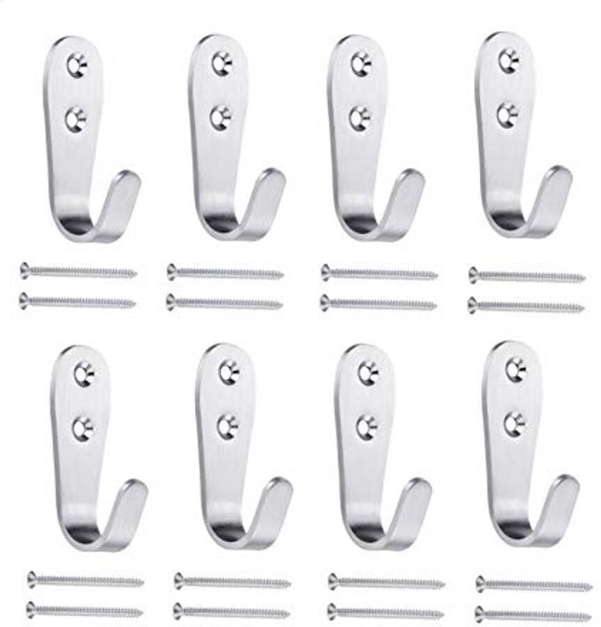 Mokife Set van 8 wandhaken mat roestvrij staal zilveren kapstokhaken geborsteld metaal kapstokhaken wandmontage 3 mm dik sterke universele haken met schroeven