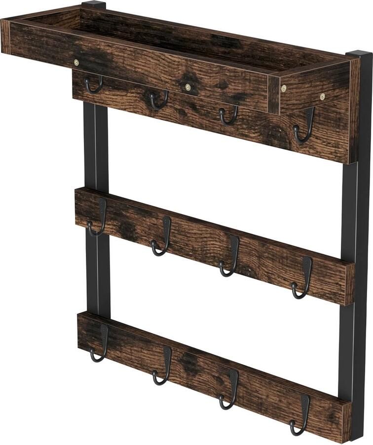 MensStore Mokkenrek Wandrek Koffiemok Plank Met 12 haken Hout Industrieel Wandrek Keuken