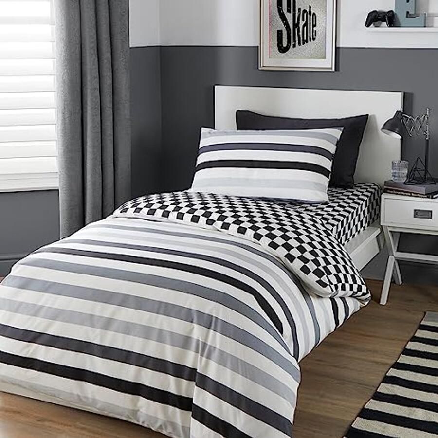 Monochrome Streep Dekbedovertrek Set Tweepersoonsbed Easy Care