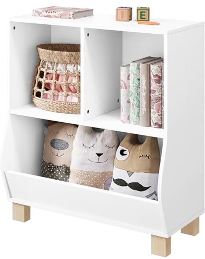Montessori Boekenkast voor Kinderen met 3 Vakken Wit Houten Speelgoedrek voor de Kinderkamer