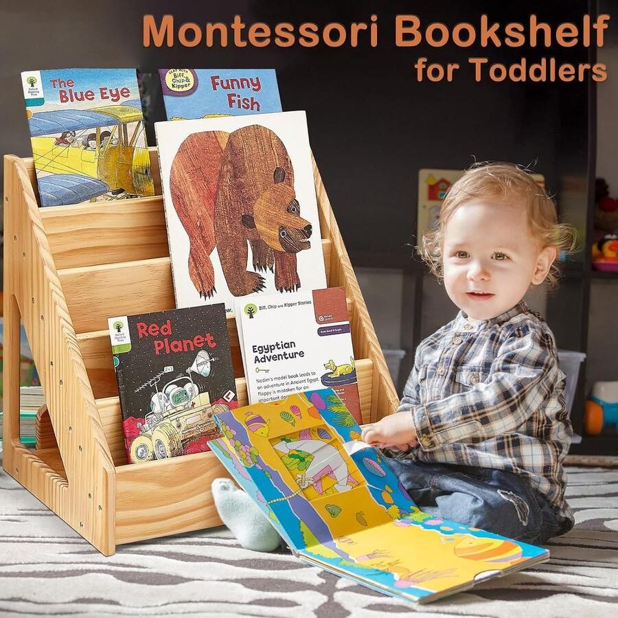 Montessori Boekenkast voor kinderen van 1 tot 5 jaar boekenkast met handvat en kantelbeveiliging boekenkast van premium grenenhout kinderboekenrek voor klaslokalen CE- en CPC-getest