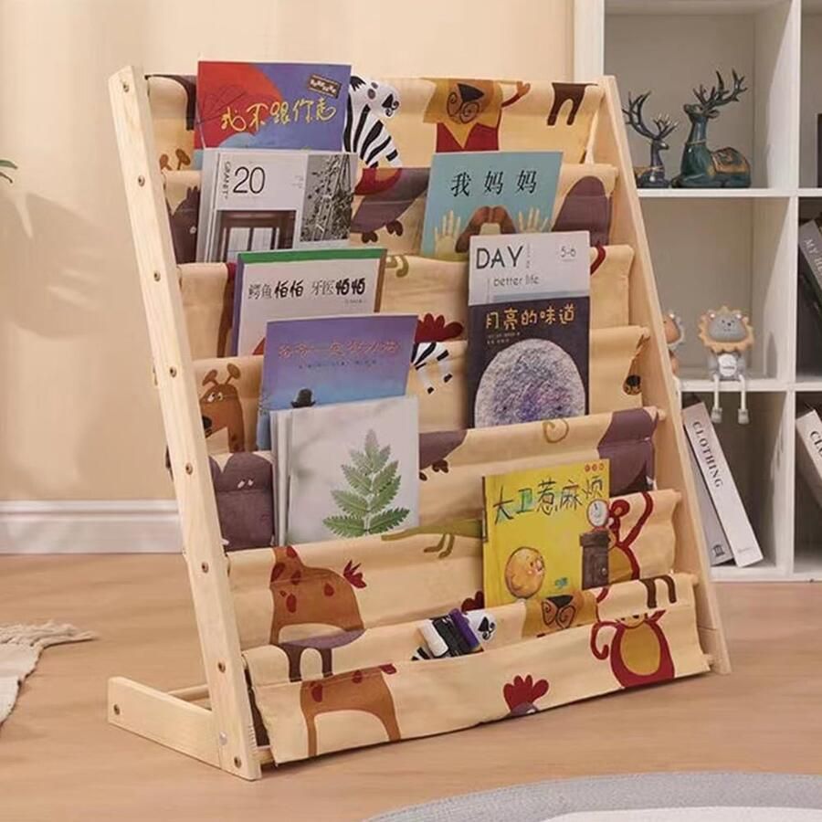 Montessoriaans kinderboekenkast van natuurlijk hout en canvas krantenrek met 6 etages ruimtebesparend voor kinderkamer afmetingen 60 x 30 x 80 cm boekenkast comics spelletjes
