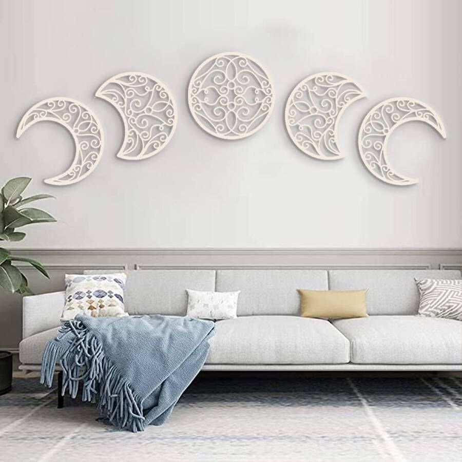 Moon Decoration Boho Wall Decoration (5 Pieces) Wall Decoration Living Room Wood Modern Moon Bedroom Room Decoration Aesthetic Living Room Decoration Wall Decoration (Light Wood Colour)