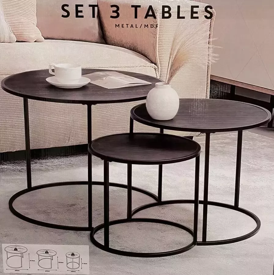 Moon Salontafel Ø55 45 35 cm Industrieel Rond Mdf Hout Zwart 3-delig