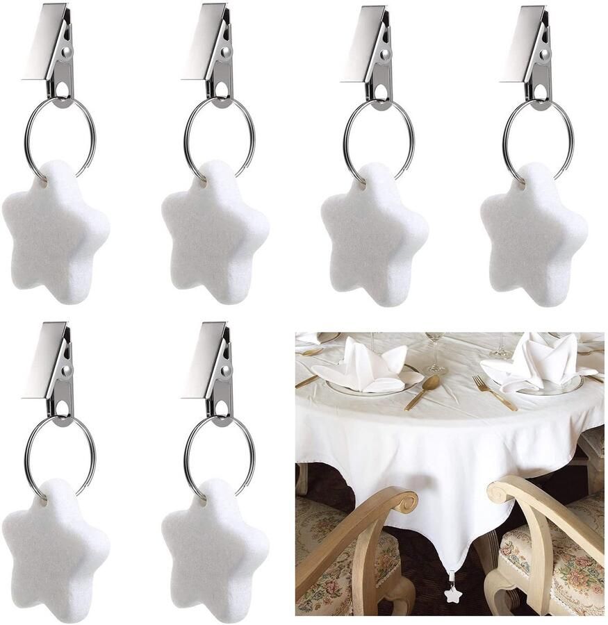 Morobor Tafelkleed Gewichten Clips 6 Pack Tafelkleed Gewichten Vijfpuntige Stervorm Stenen Tafelkleed Gewichten Metalen Clip voor Outdoor Picknick Familie Diner Tafeldecoratie (Wit)
