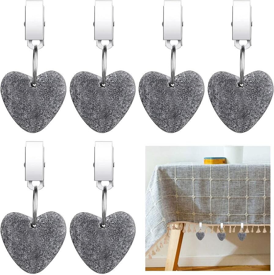 MOROBOR Tafelkleed Gewichten Clips Pack van 6 Hartvormige Marmeren Tafelkleed Gewichten met Metalen Clips voor Outdoor Picknick Familie Diner Tafeldecoratie (Grijs)
