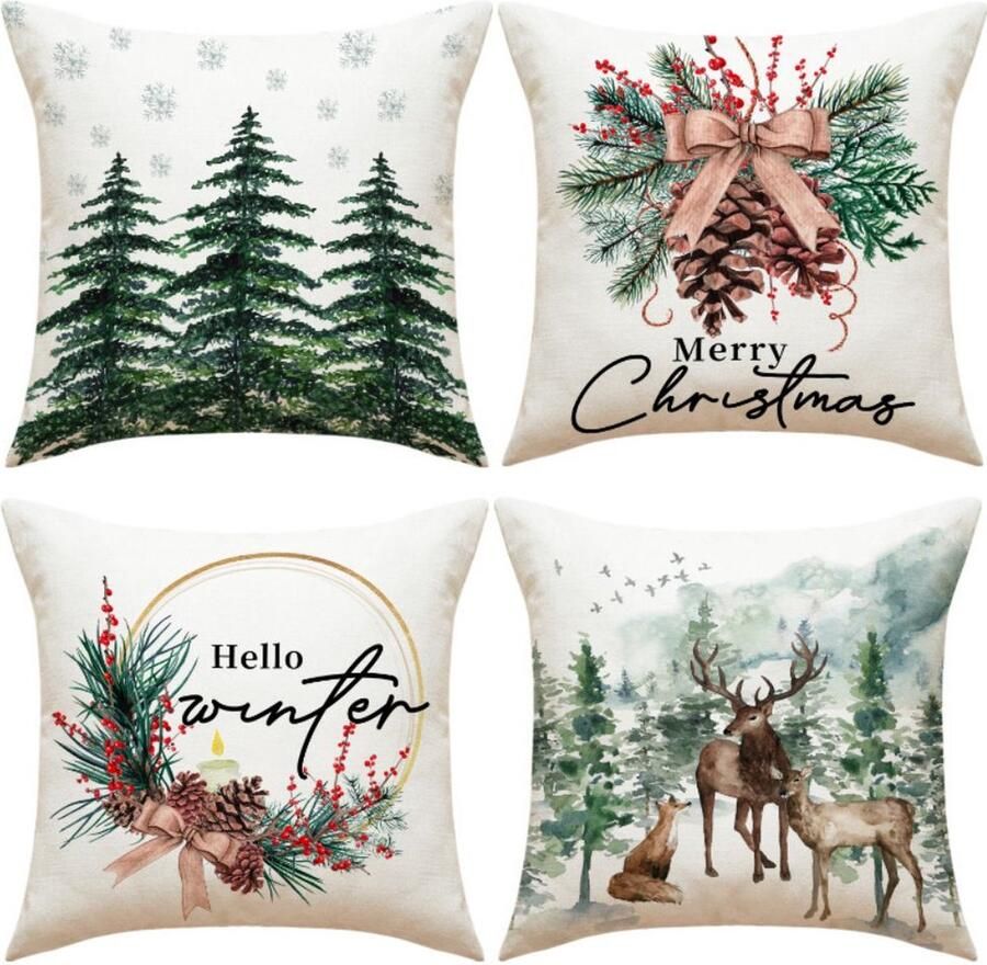 MOSEN 4-delige kerstkussenhoesset Linnen sierkussenhoes Hulst dennenappels rendierboom warme kerstkussenhoes 45 x 45 cm sierkussenhoes geschikt voor kerstdecoratie woonkamer en bank sierkussens