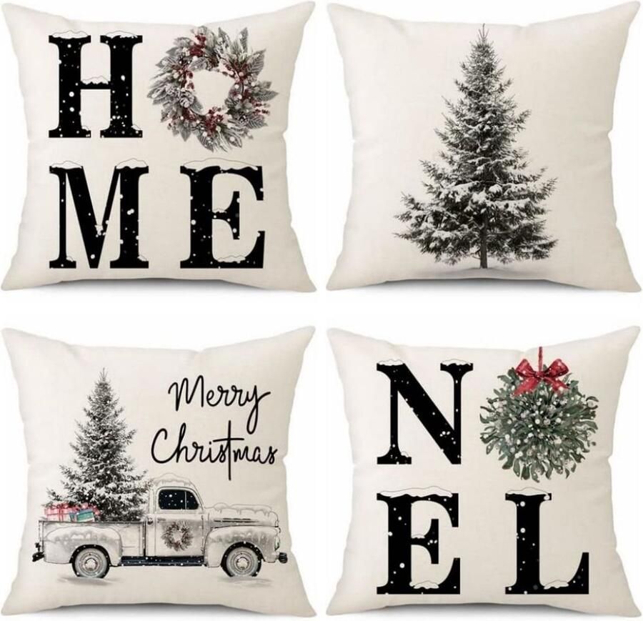 MOSEN Kerstkussenhoes Set van 4 Linnen Decoratieve Kussenhoes Kerst Element Stijl Patroon Decoratieve Kussenhoes Witte Kerst Kussenhoes Geschikt voor Bank Slaapkamer Woonkamer Decoratie (45 x 45 cm)