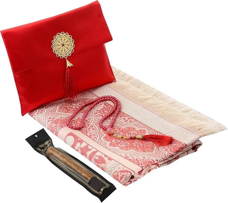 Moslim cadeau (gebedskleed met tas) – draagbaar gebedskleed – gebedskleed voor moslims – Gebedskleed Islam-Ramadan Eid Hajj Umrah bruiloft geboorte (rood 2 (tesbih en miswak)