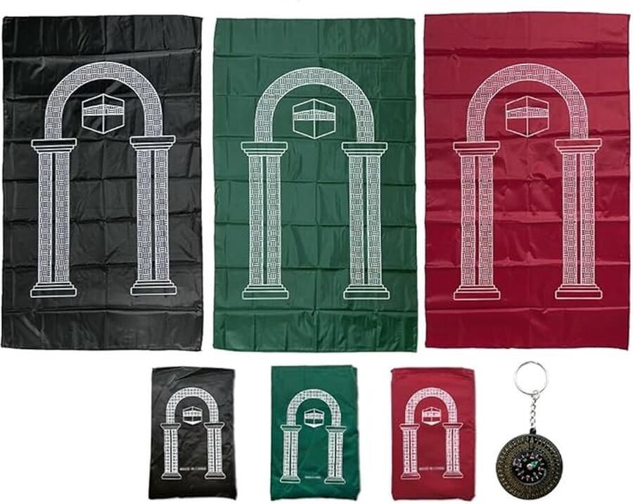 Moslim gebedsdeken 3 stuks draagbaar islamitisch gebedstapijt islamitische gebedsmat met draagbaar kompas voor reizen thuis (rood groen zwart)