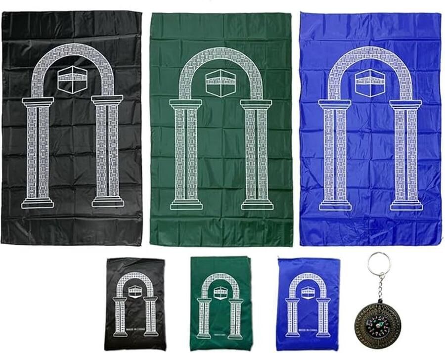 Moslim gebedsdeken 3 stuks draagbaar islamitisch gebedstapijt islamitische gebedstapijt met draagbaar kompas voor reizen thuis (blauw groen zwart)