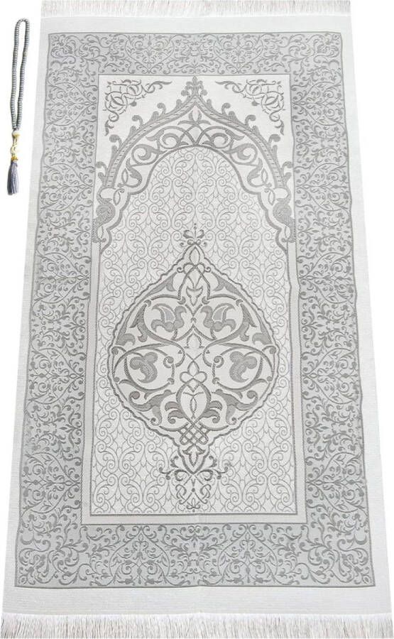 Moslim Gebedskleed en Gebedsparels met Elegante Cilinder Geschenkdoos Janamaz Sajadah Zacht Islamitisch Gebedskleed Islamitische Geschenken Set Gebedstapijt Mat Taffeta Stof Grijs