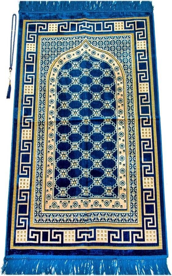 Moslim gebedskleed van luxe fluweel met gebedskralen Janamaz Sajadah zacht islamitisch gebedskleed islamitische geschenken fluwelen gebedskleed koningsblauw