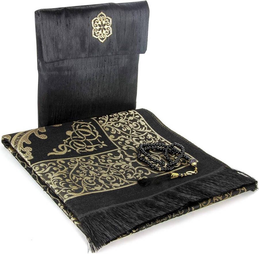 Moslim gebedsmat en kralen met elegante zak van slubstof Janamaz Sajadah Zacht islamitisch gebedskleed Islamitische geschenken Gebedsmat Taftstof Zwart