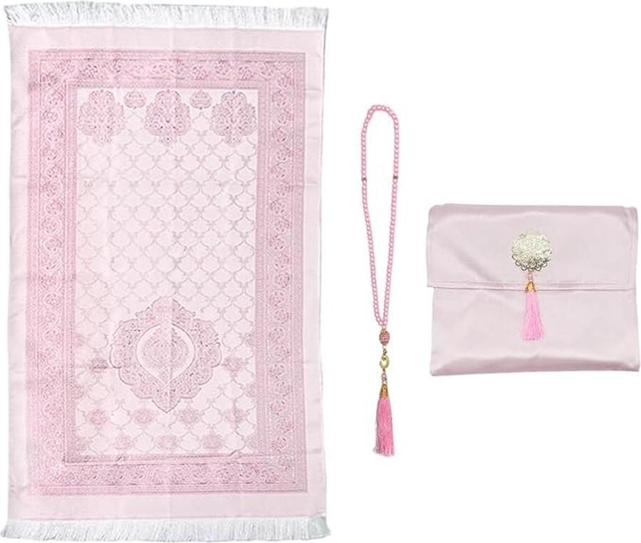 Moslim gebedstapijt met parels moslim gebedstapijt met elegante stoffen tas gebedstapijt mat islamitische gebedsmat voor geschenken ramadan gebed (roze)