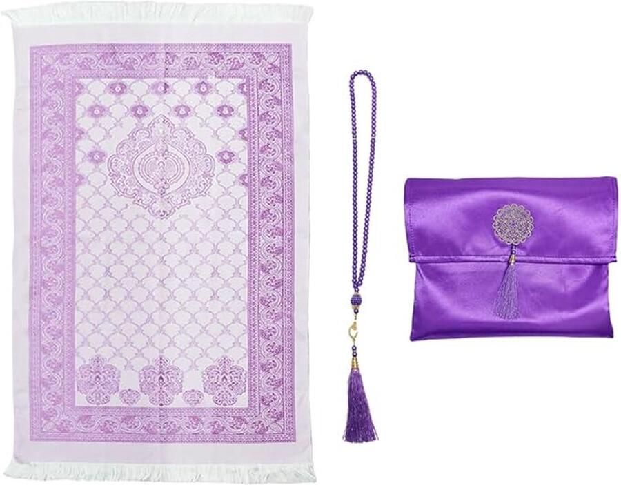 Moslim gebedstapijt met parels moslim gebedstapijt met elegante stoffen tas gebedstapijt mat islamitische gebedsmat voor geschenken ramadan gebed (paars)