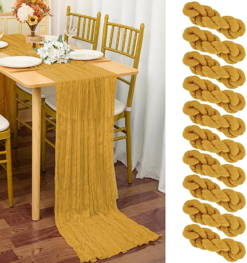 Mosterdgele tafellopers set van 10 katoen en linnen 50x300 cm