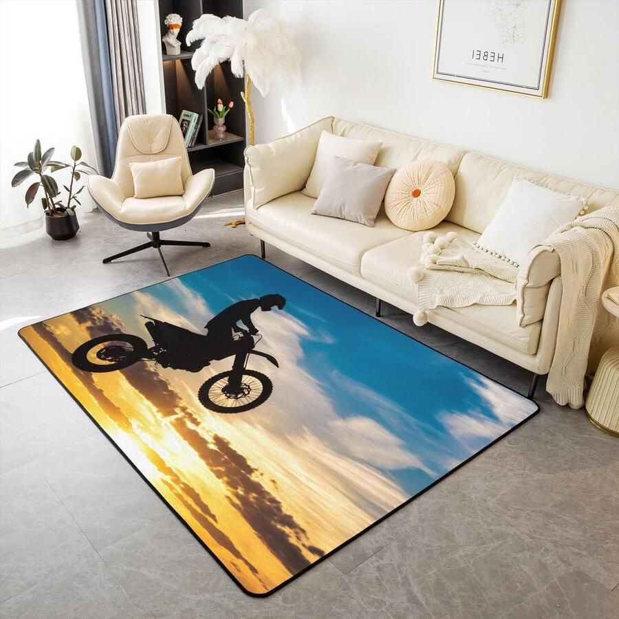 Motocross Rider Area Rug Extreme Sport Thema Tapijt Jongens Slaapkamer Woonkamer Decor Zonsondergang Tapijten 3D-Print Vloermat Zacht Cozy Tapijt Motor Crossmotor 100 * 150 cm