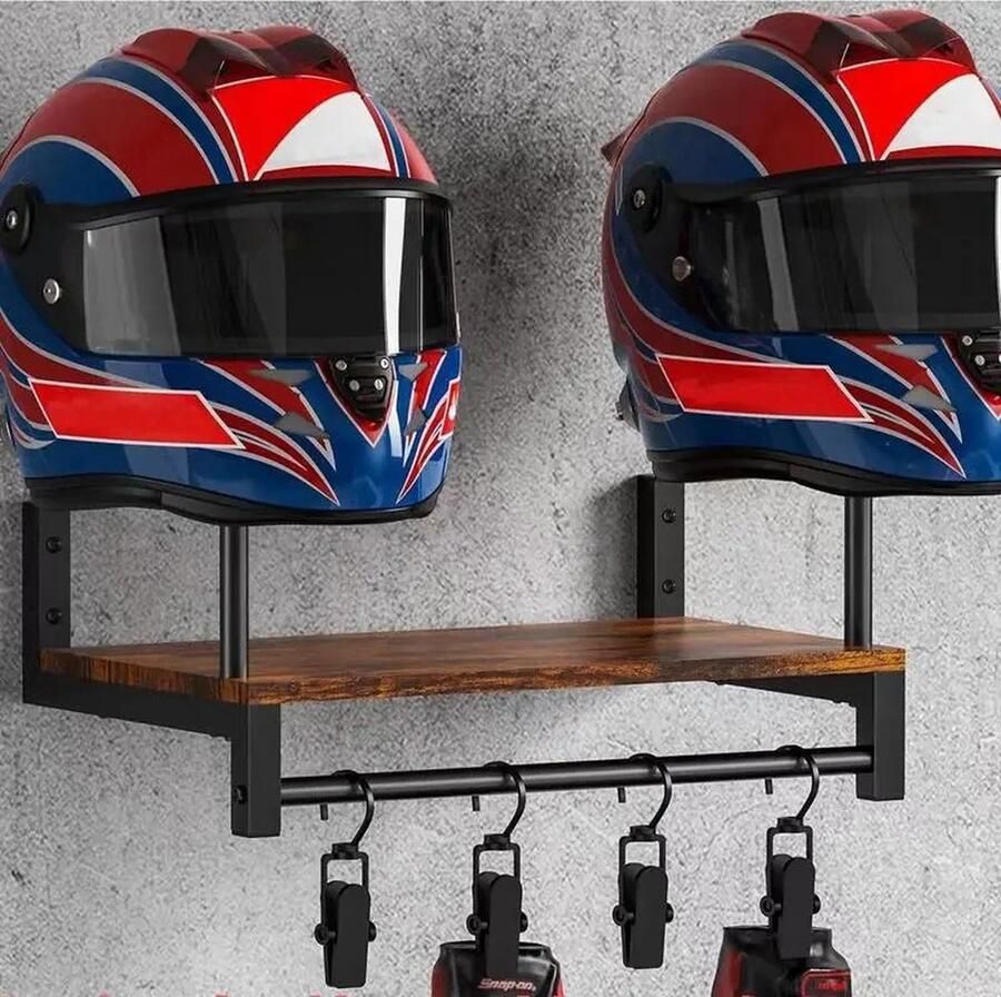 Motorhelmhouder Motor Helm Rek Helm Kapstok Helm Standaard Helm Houder Wandgemonteerd Voor 2 Helmen Met 4 Clips voor Accesoires