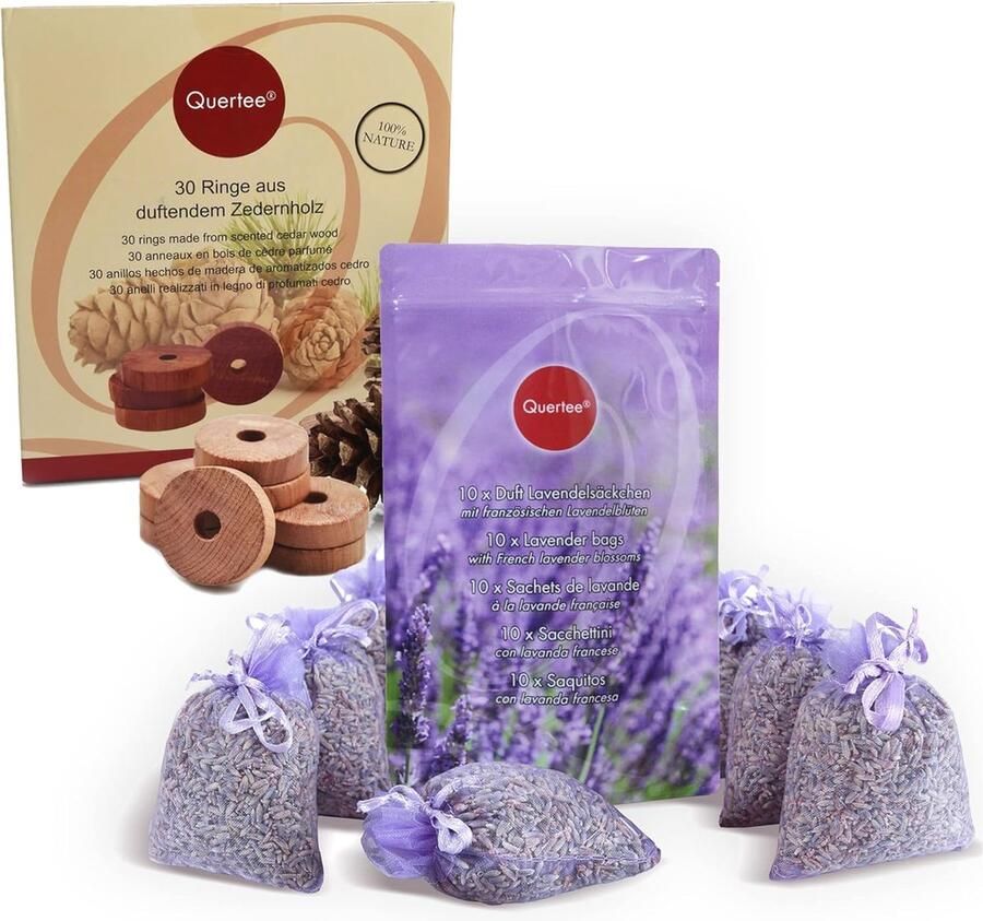 Mottenbescherming voor Kledingkast met Lavendelzakjes en Cederhouten Ringen 10 Lavendel geurzakjes en 30 Cederhout geurringen