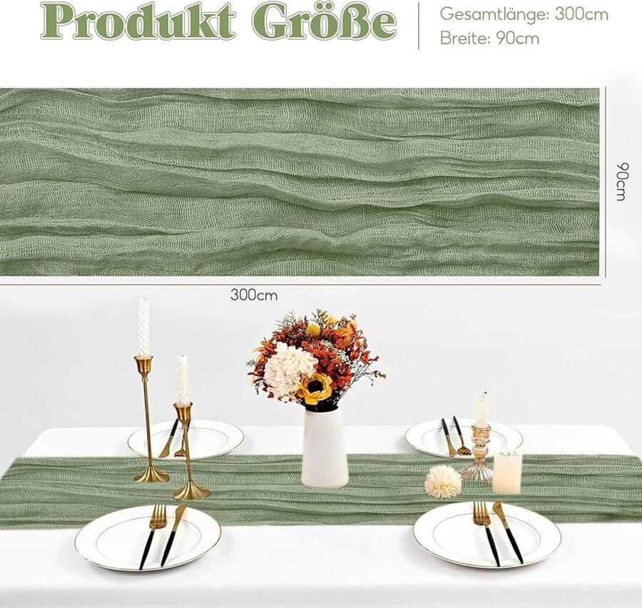 Mousseline tafelloper saliegroen set van 2 90 x 300 cm polyester