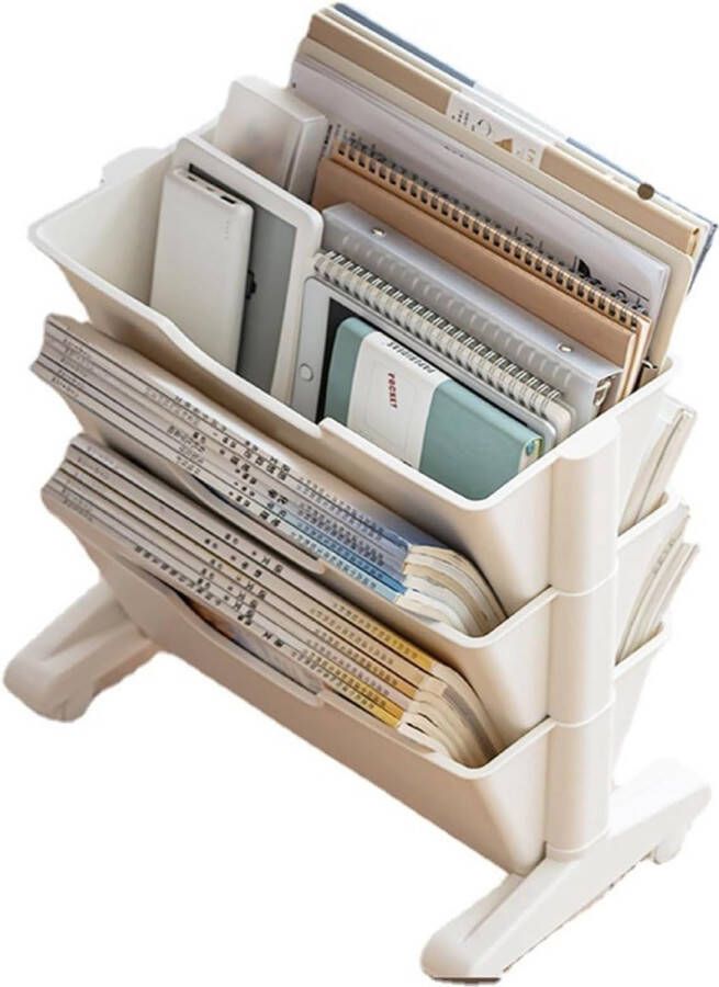 Movable Bookcase with 3 Compartments Modern Book Storage for CDs Magazines Books Small Bookcase for Living Room Bedroom Home Office (White)